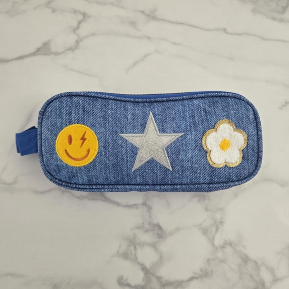 Handbags - Y2K Blue Denim Cosmetic Travel Pouch Double Zipper Pencil Case Emoji Patches